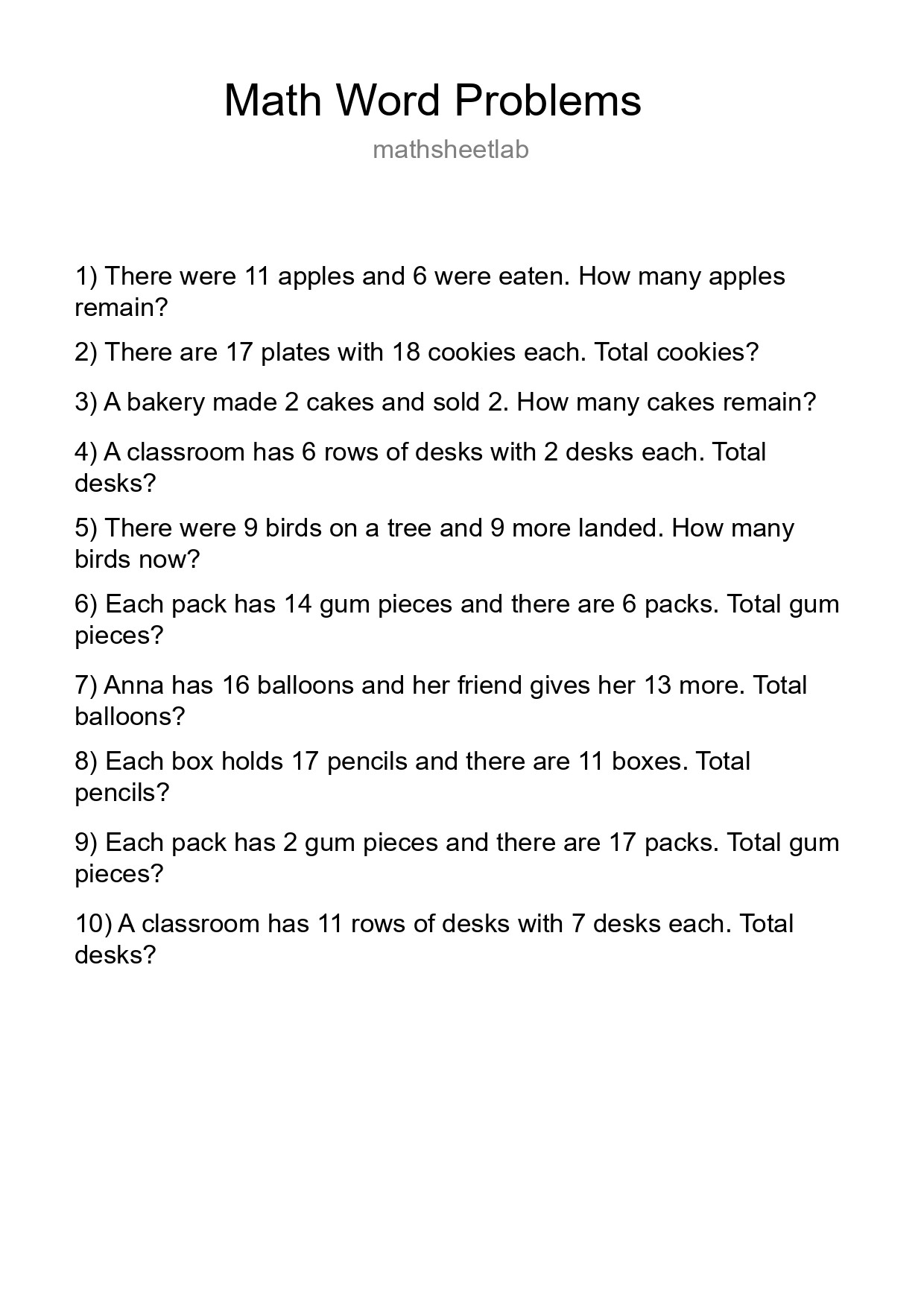 Math Word Problem Worksheet