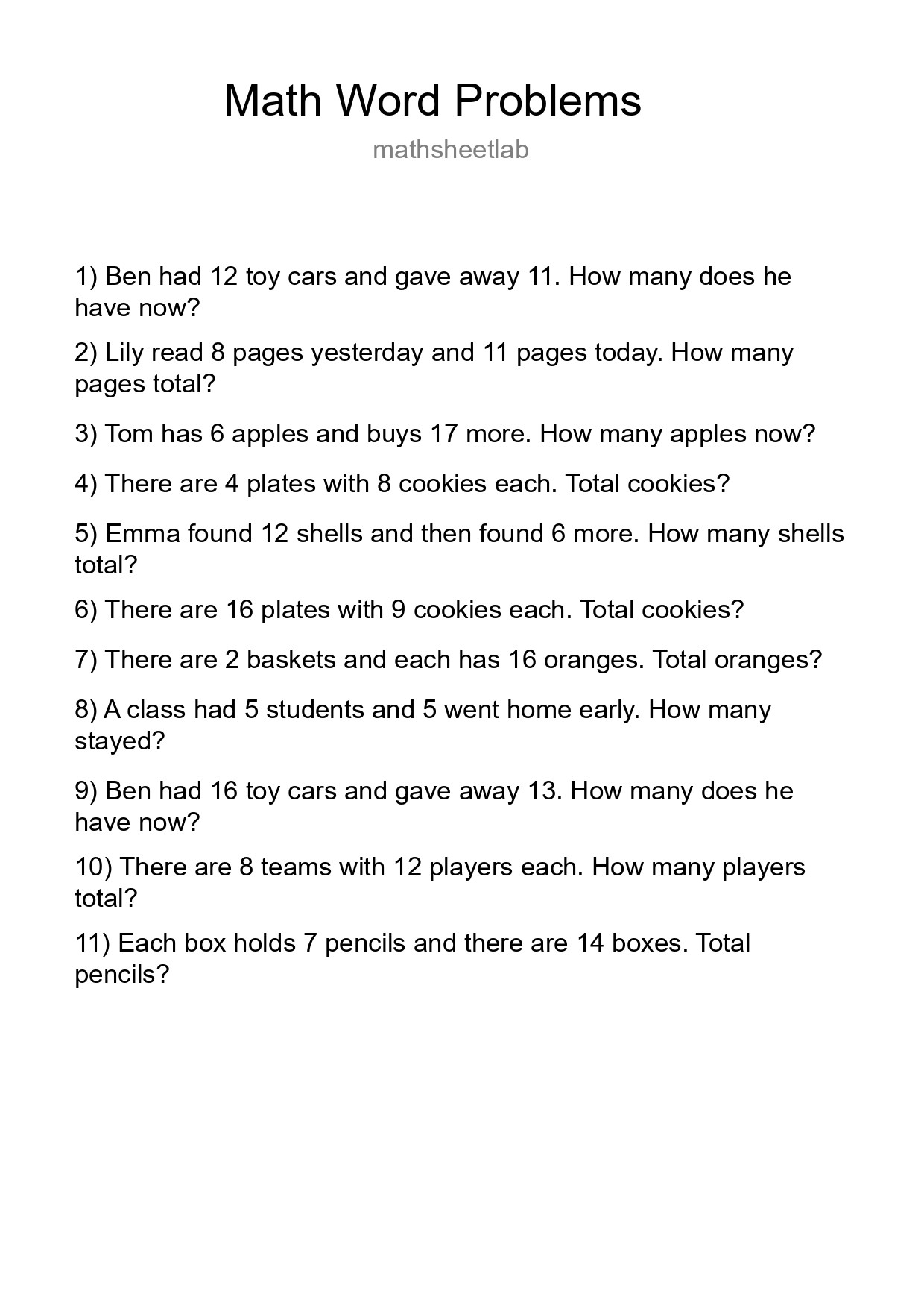 Math Word Problem Worksheet