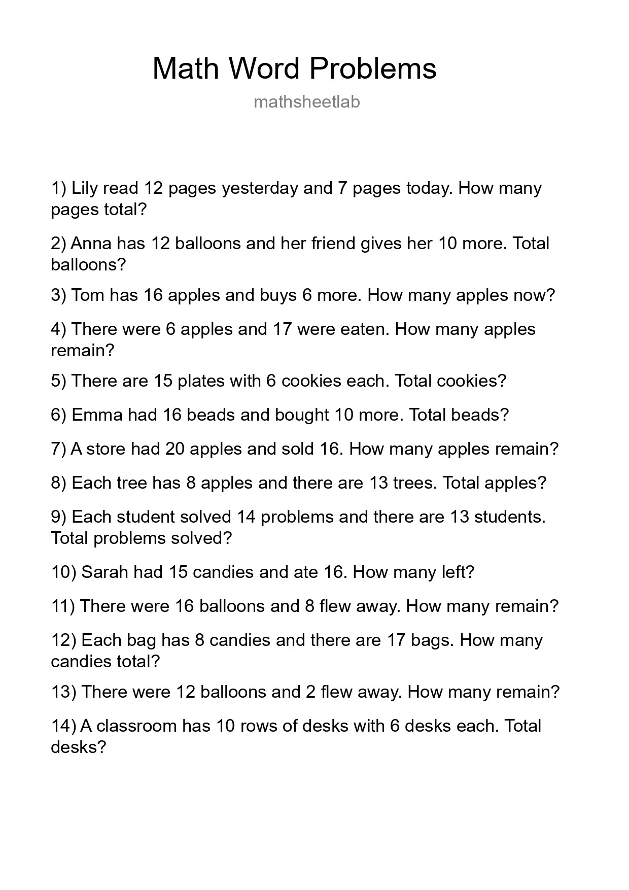 Math Word Problem Worksheet