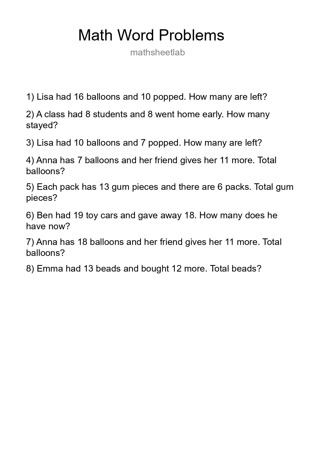 Math Word Problem Worksheet