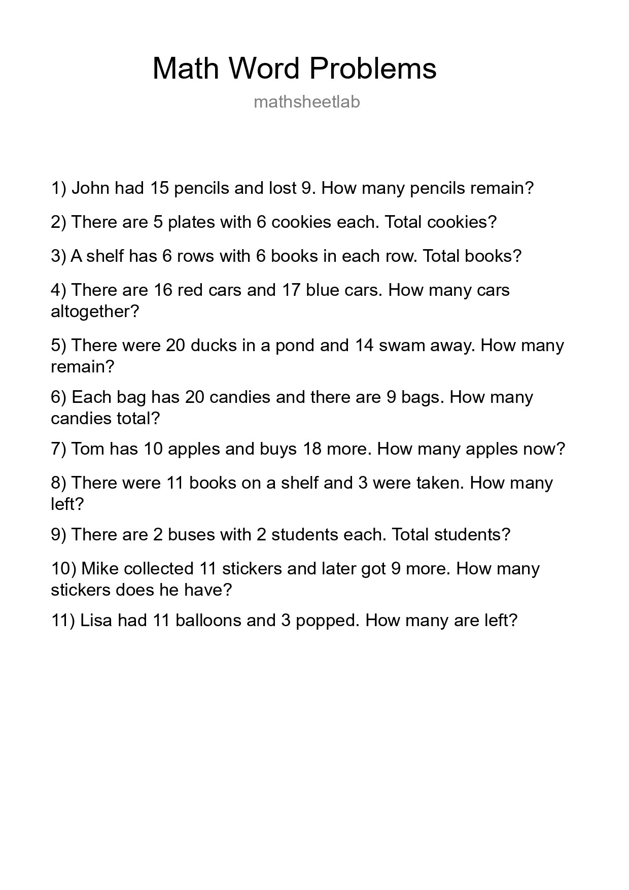 Math Word Problem Worksheet