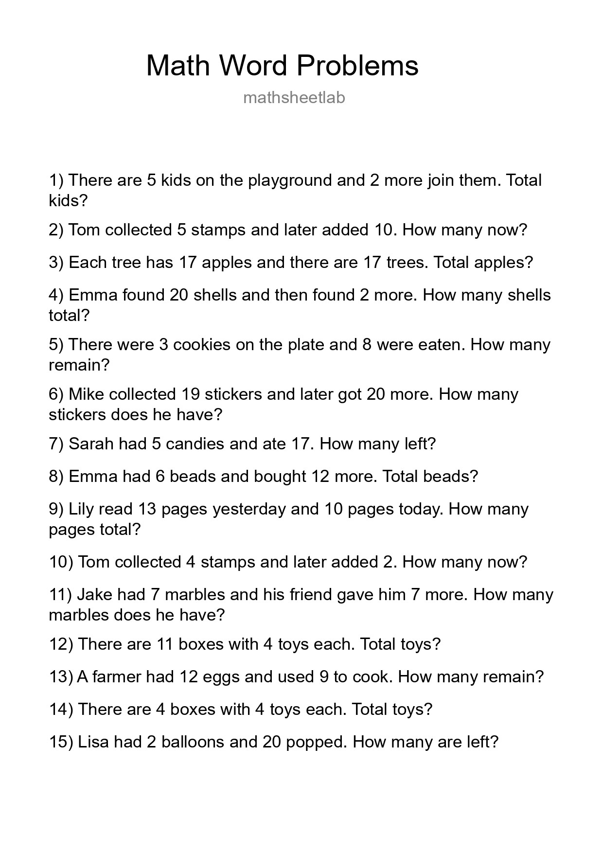 Math Word Problem Worksheet