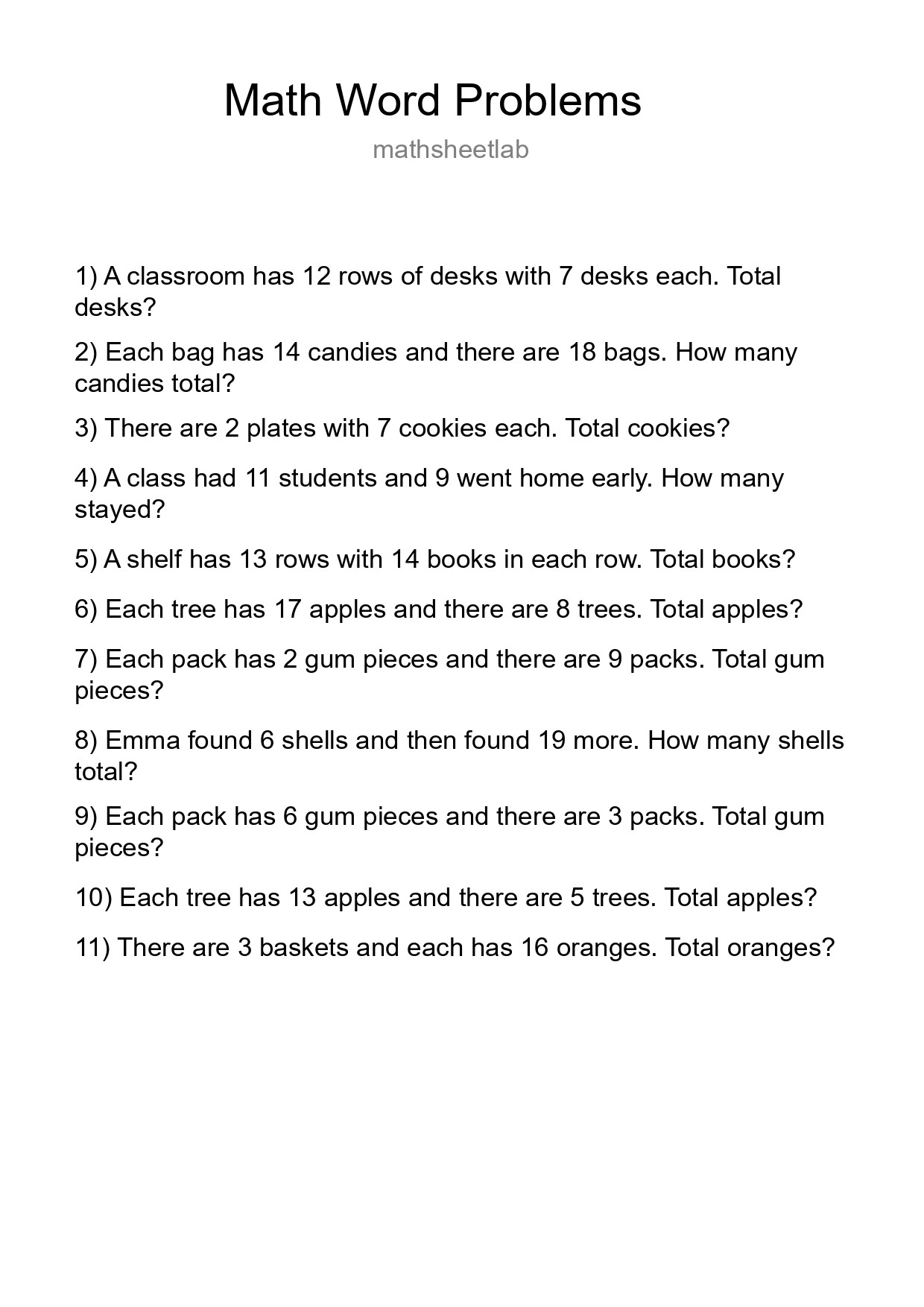 Math Word Problem Worksheet