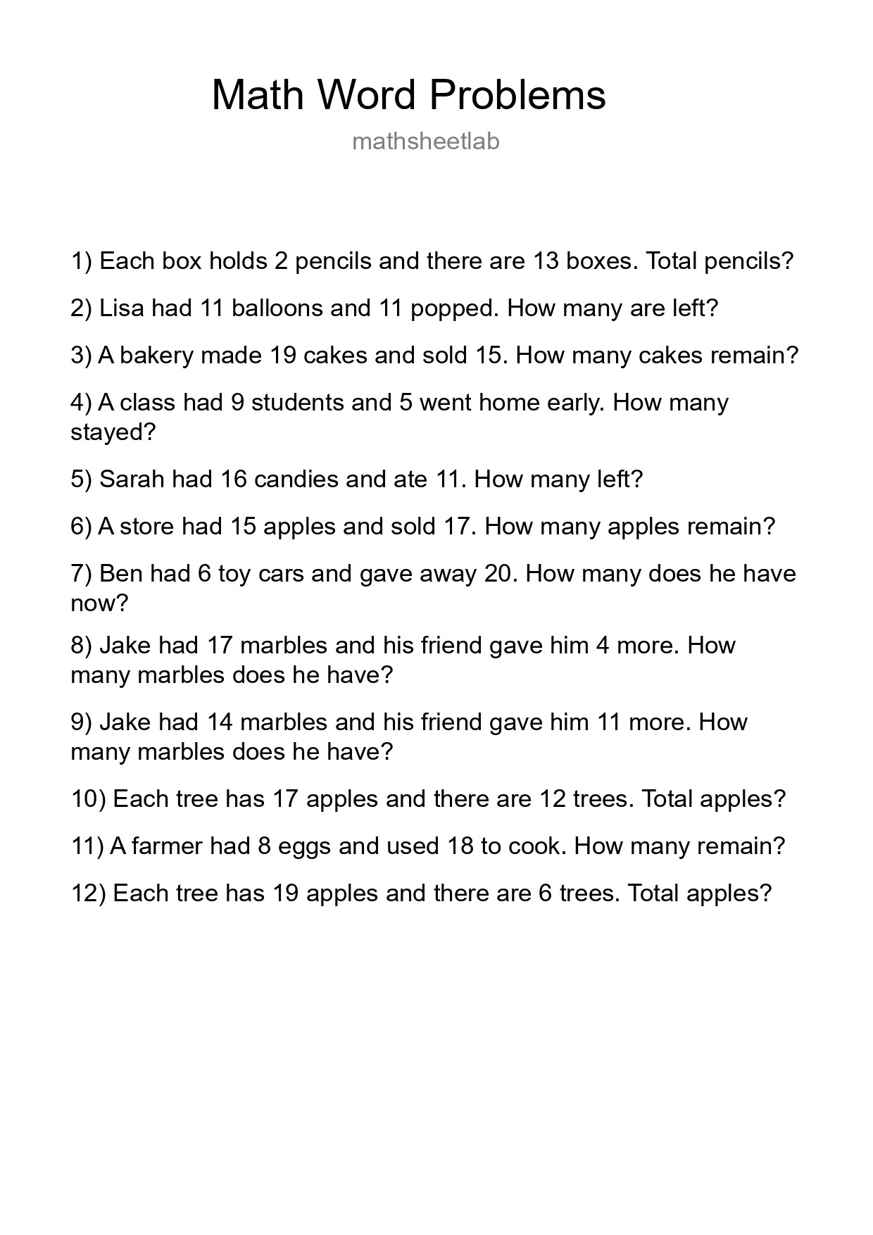 Math Word Problem Worksheet