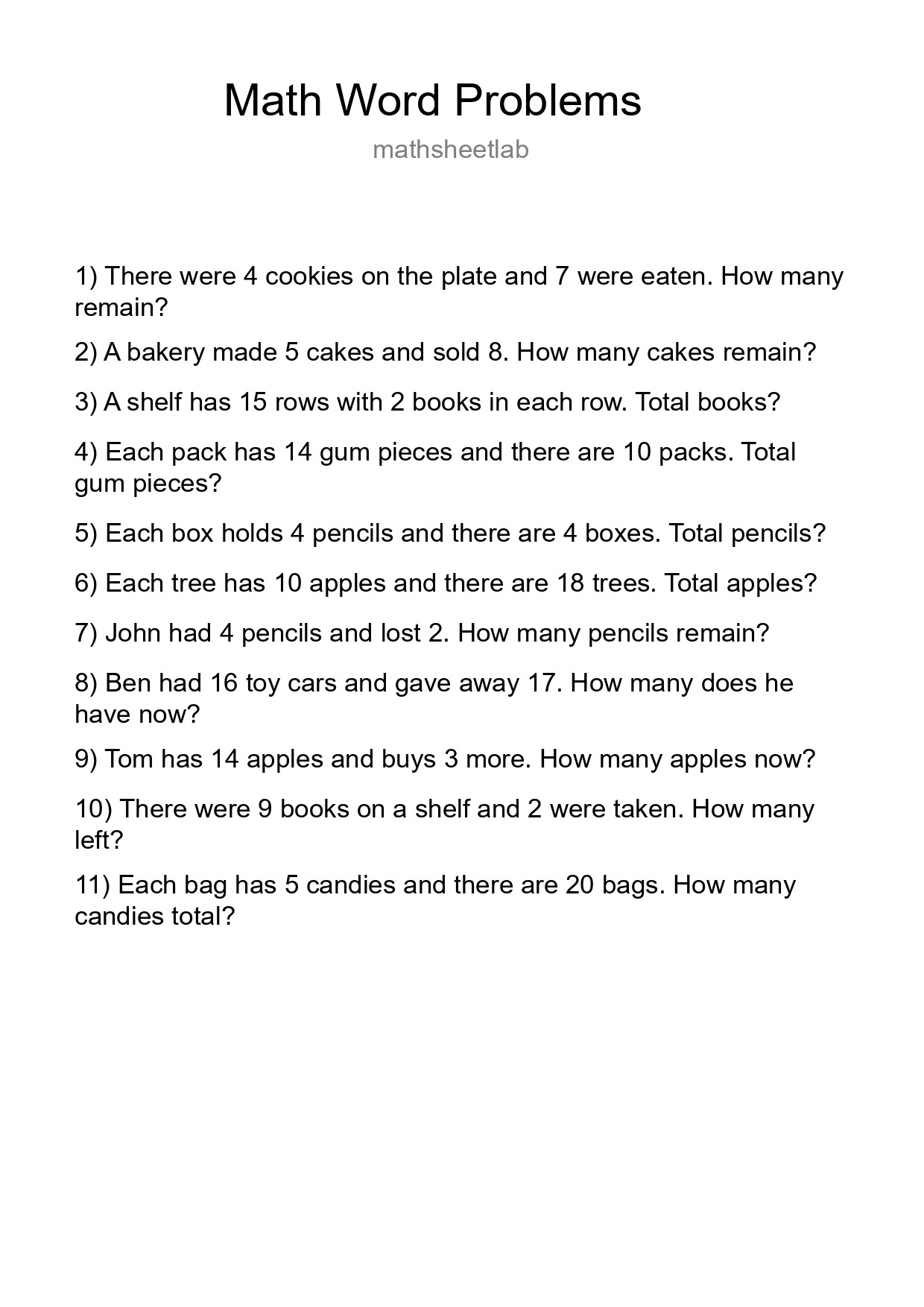 Math Word Problem Worksheet