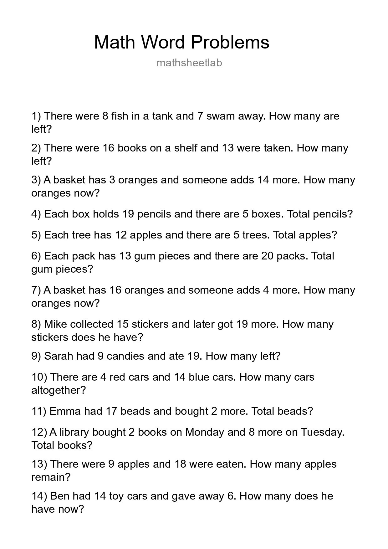 Math Word Problem Worksheet