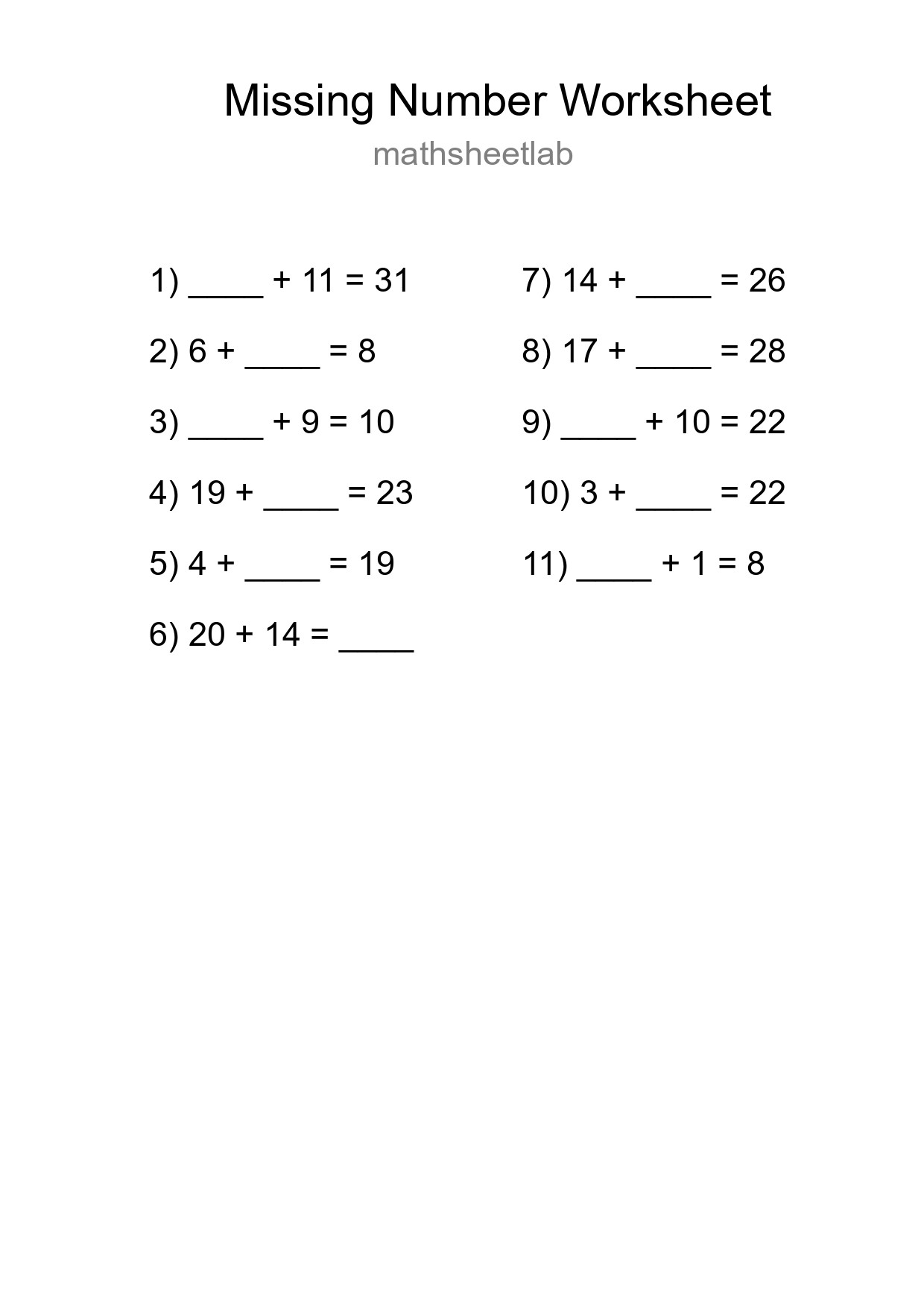 Missing Number Math Worksheet