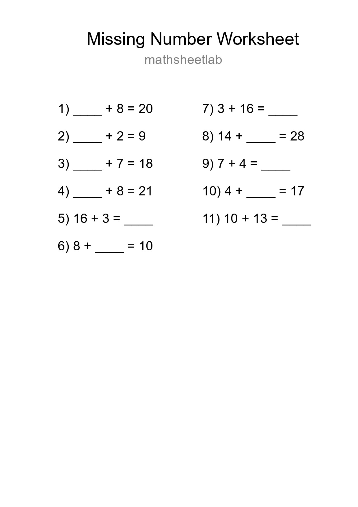 Missing Number Math Worksheet