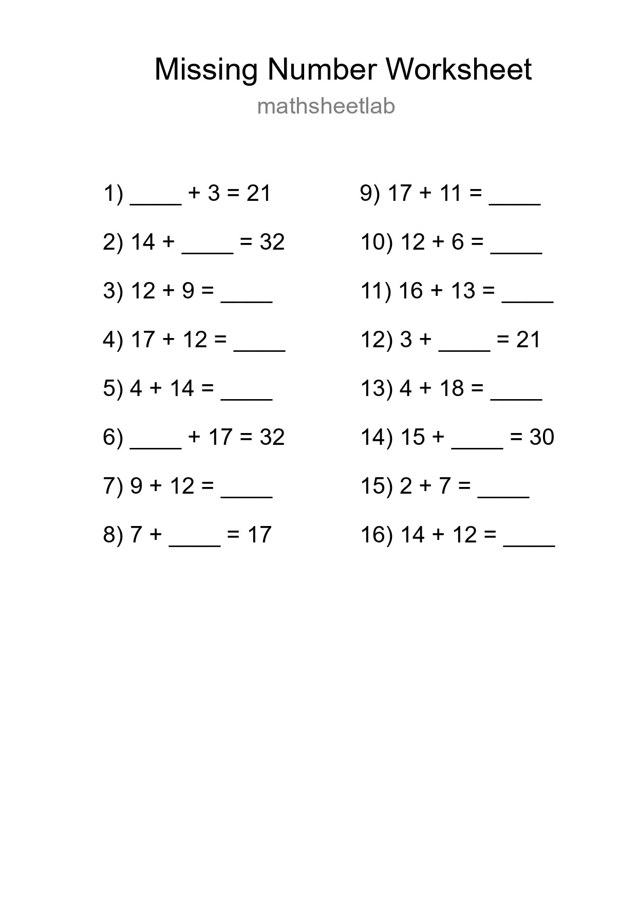 Missing Number Math Worksheet