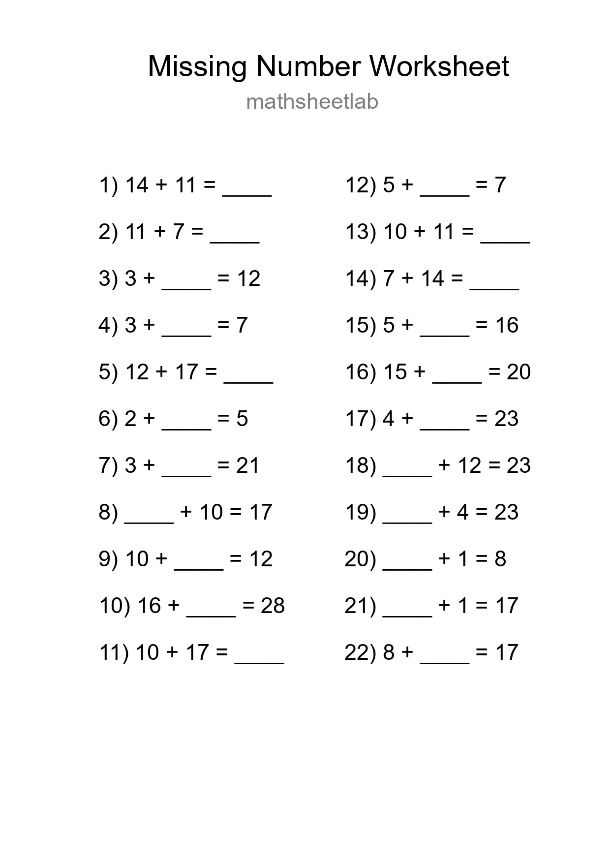Missing Number Math Worksheet