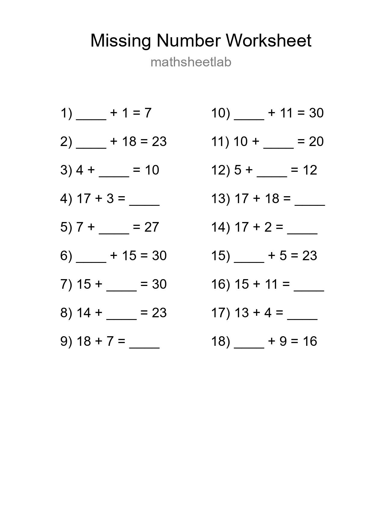 Missing Number Math Worksheet