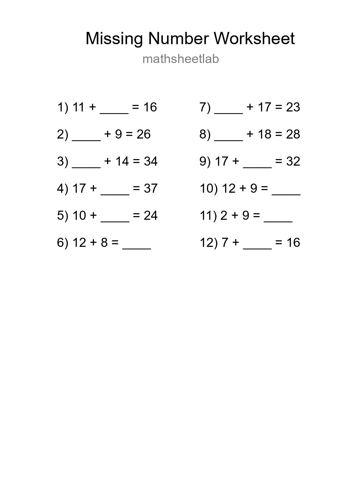 Missing Number Math Worksheet