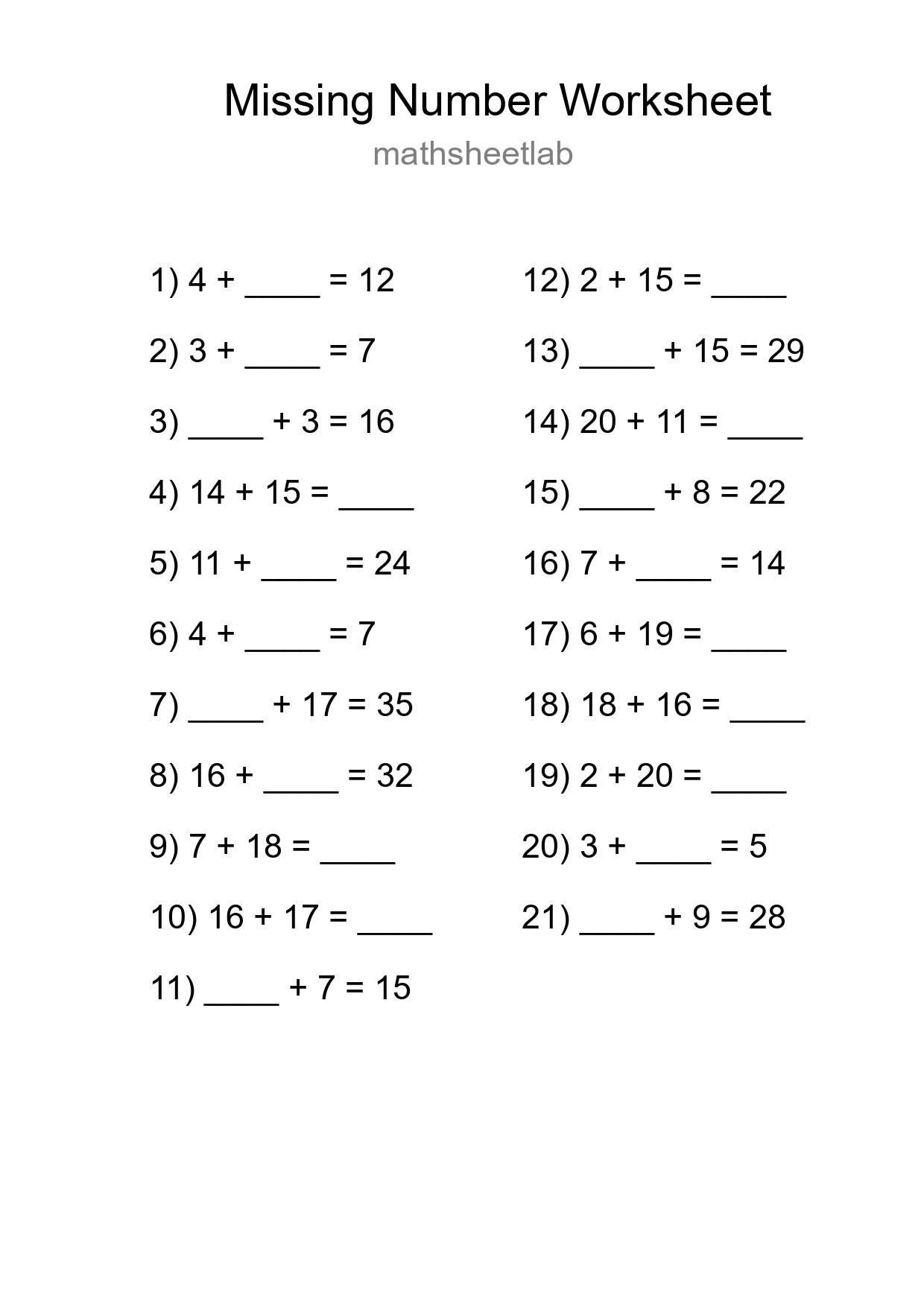 Missing Number Math Worksheet