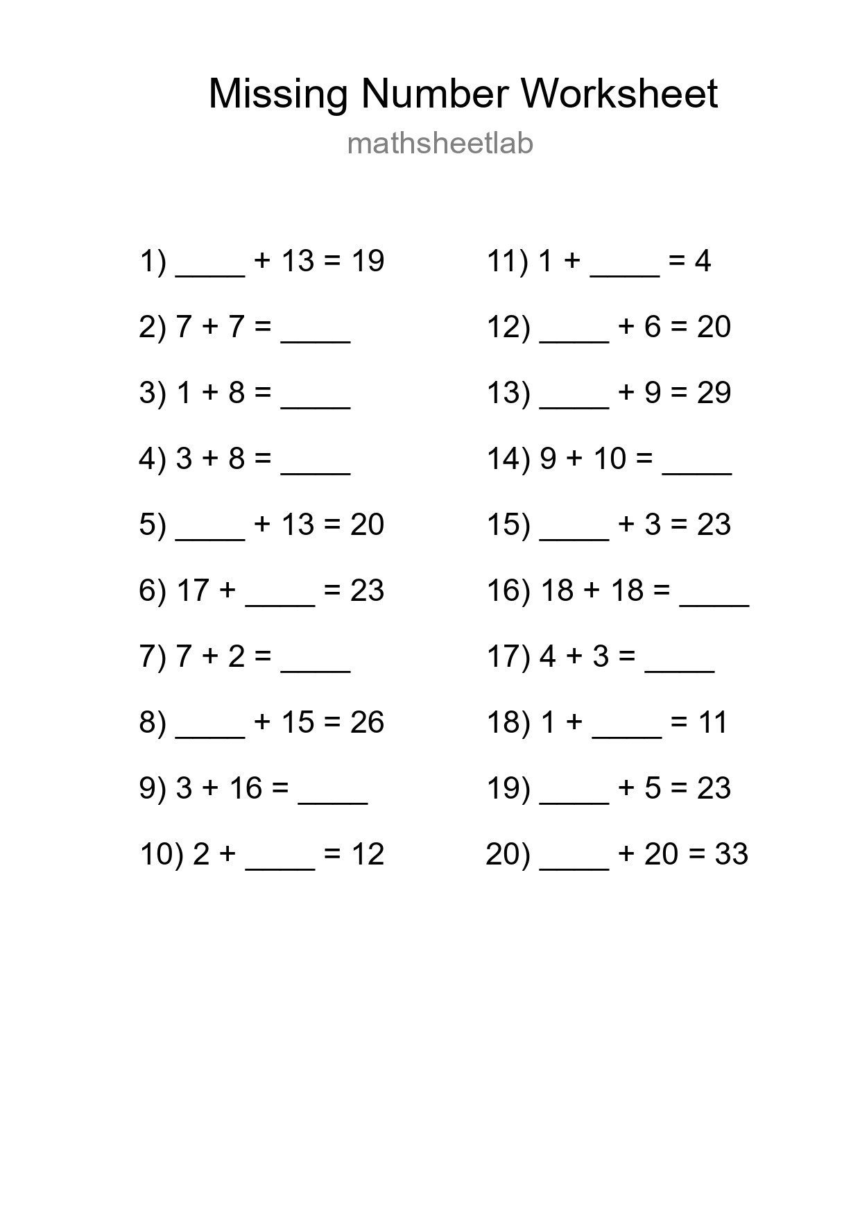 Missing Number Math Worksheet