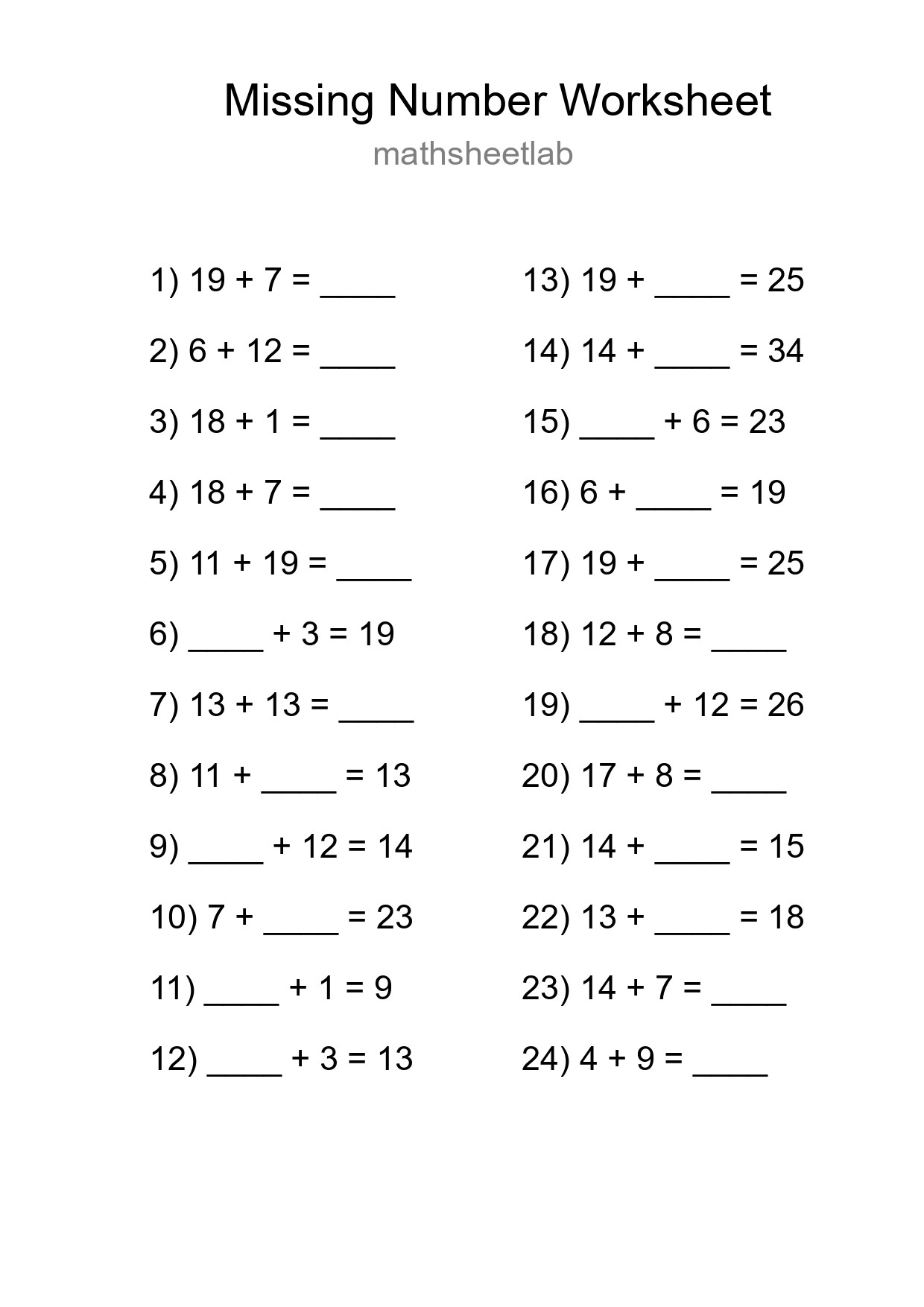 Missing Number Math Worksheet