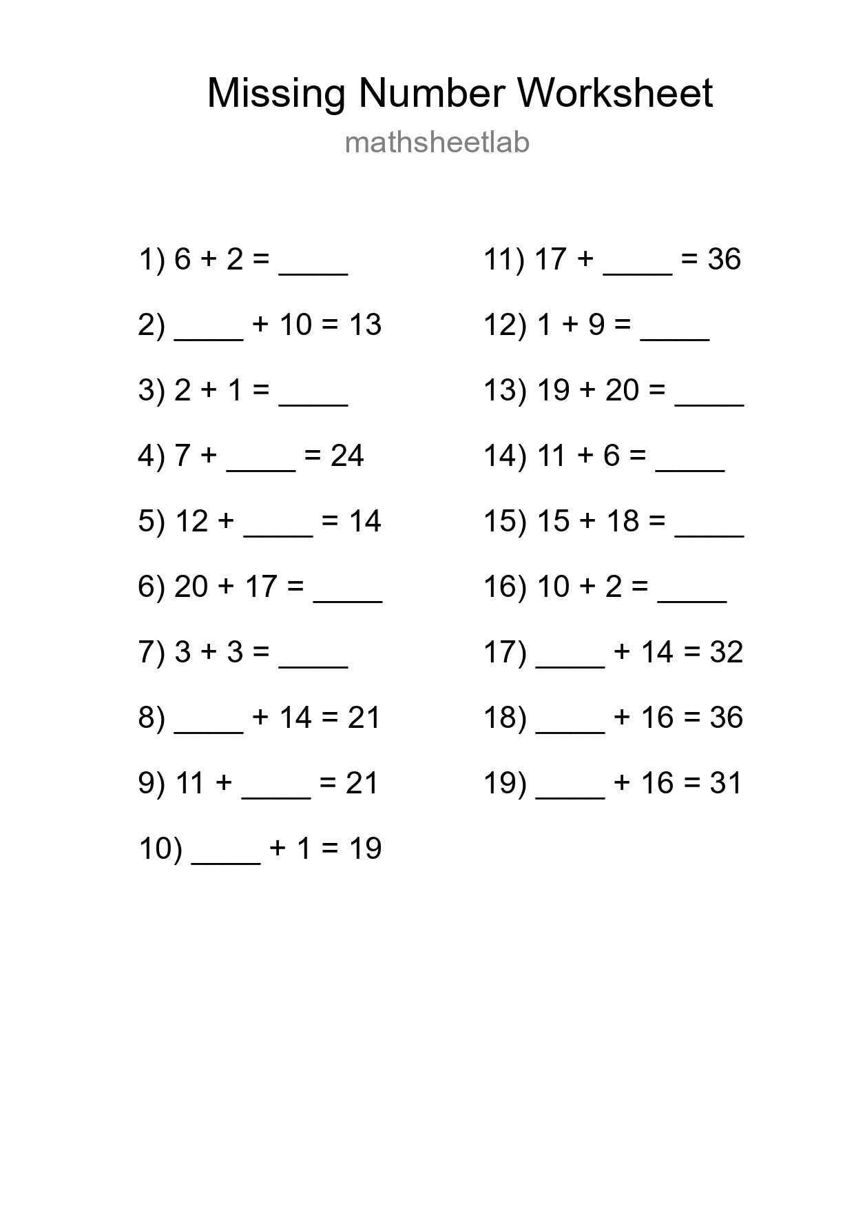 Missing Number Math Worksheet
