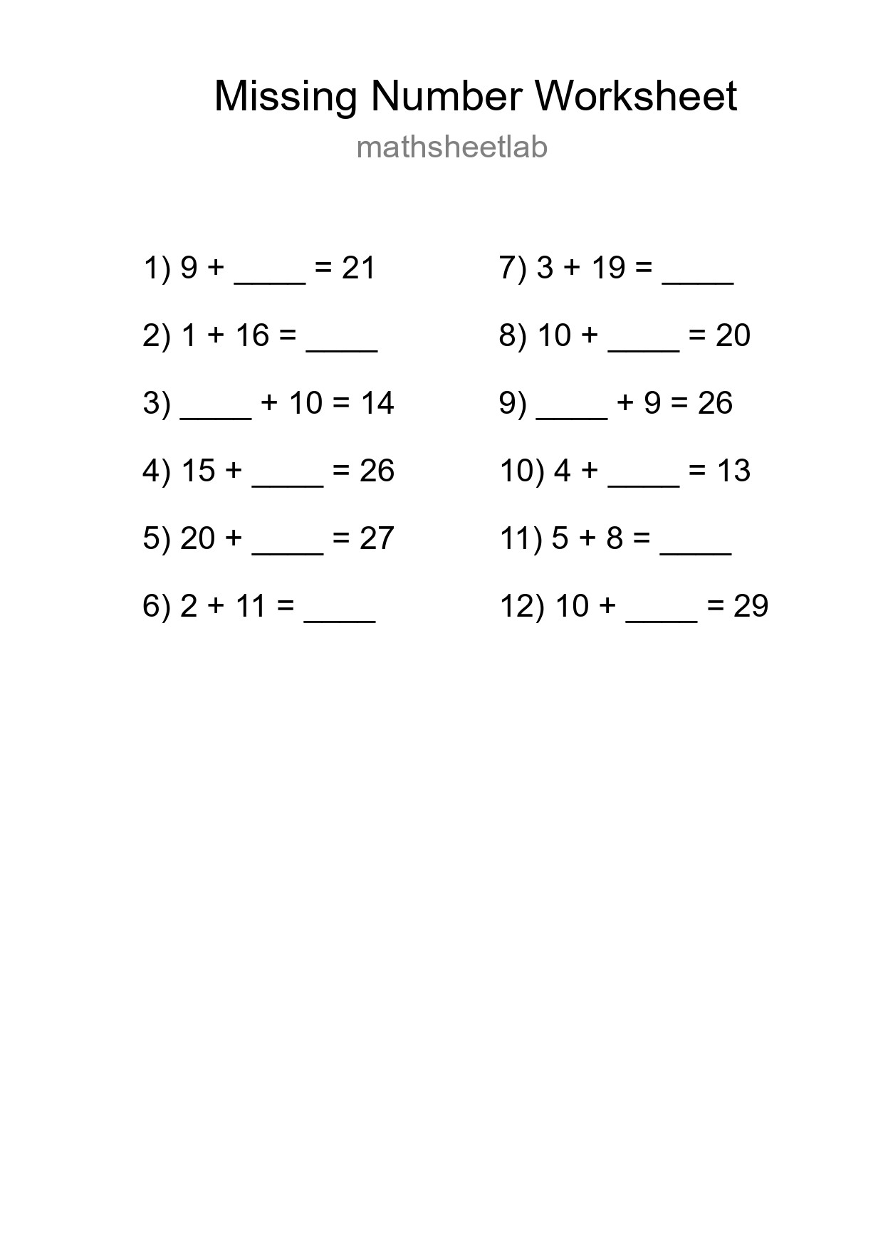 Missing Number Math Worksheet