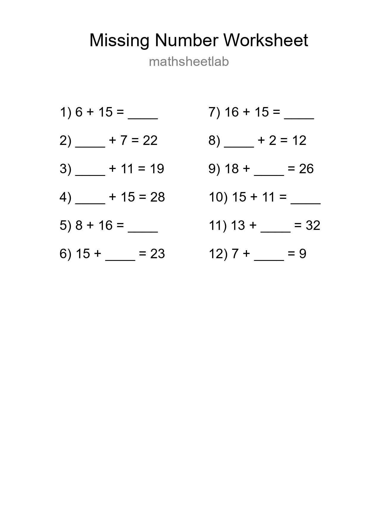 Missing Number Math Worksheet