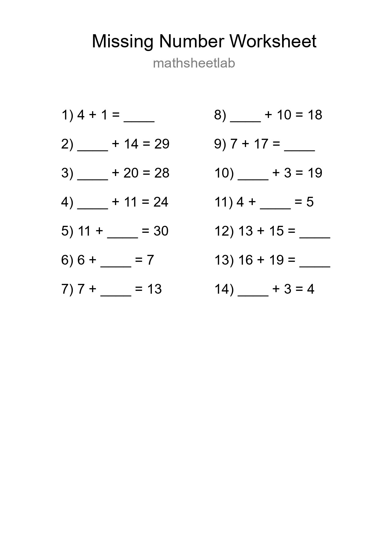 Missing Number Math Worksheet