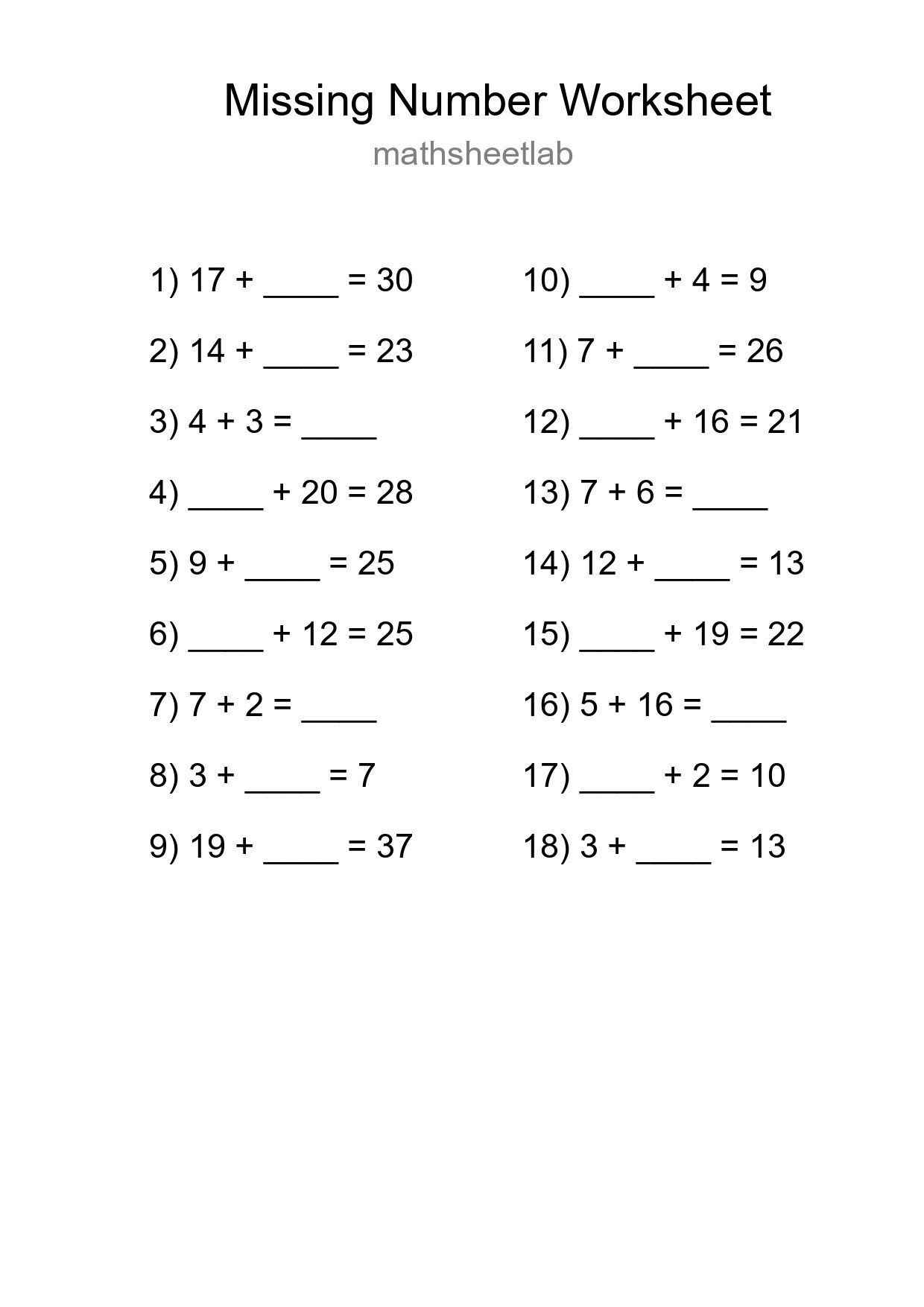 Missing Number Math Worksheet