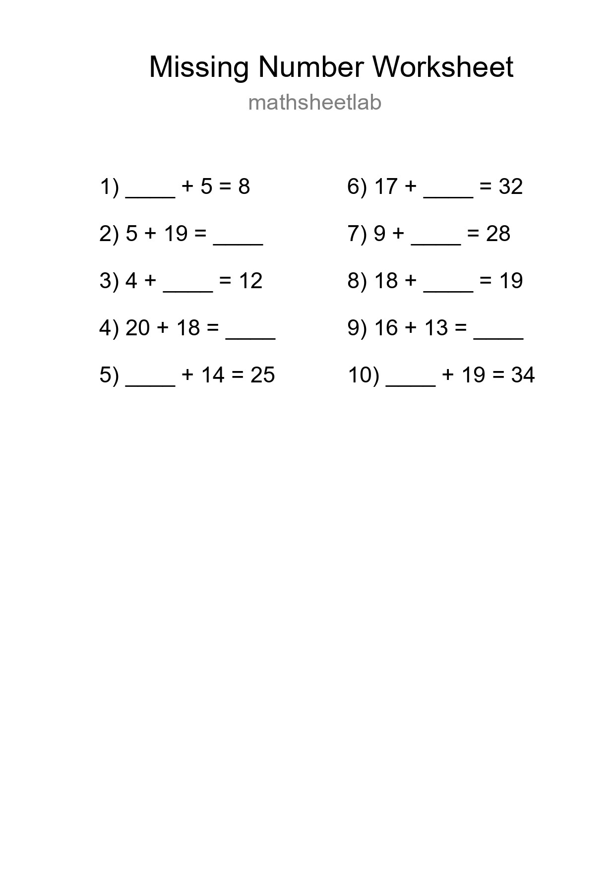 Missing Number Math Worksheet