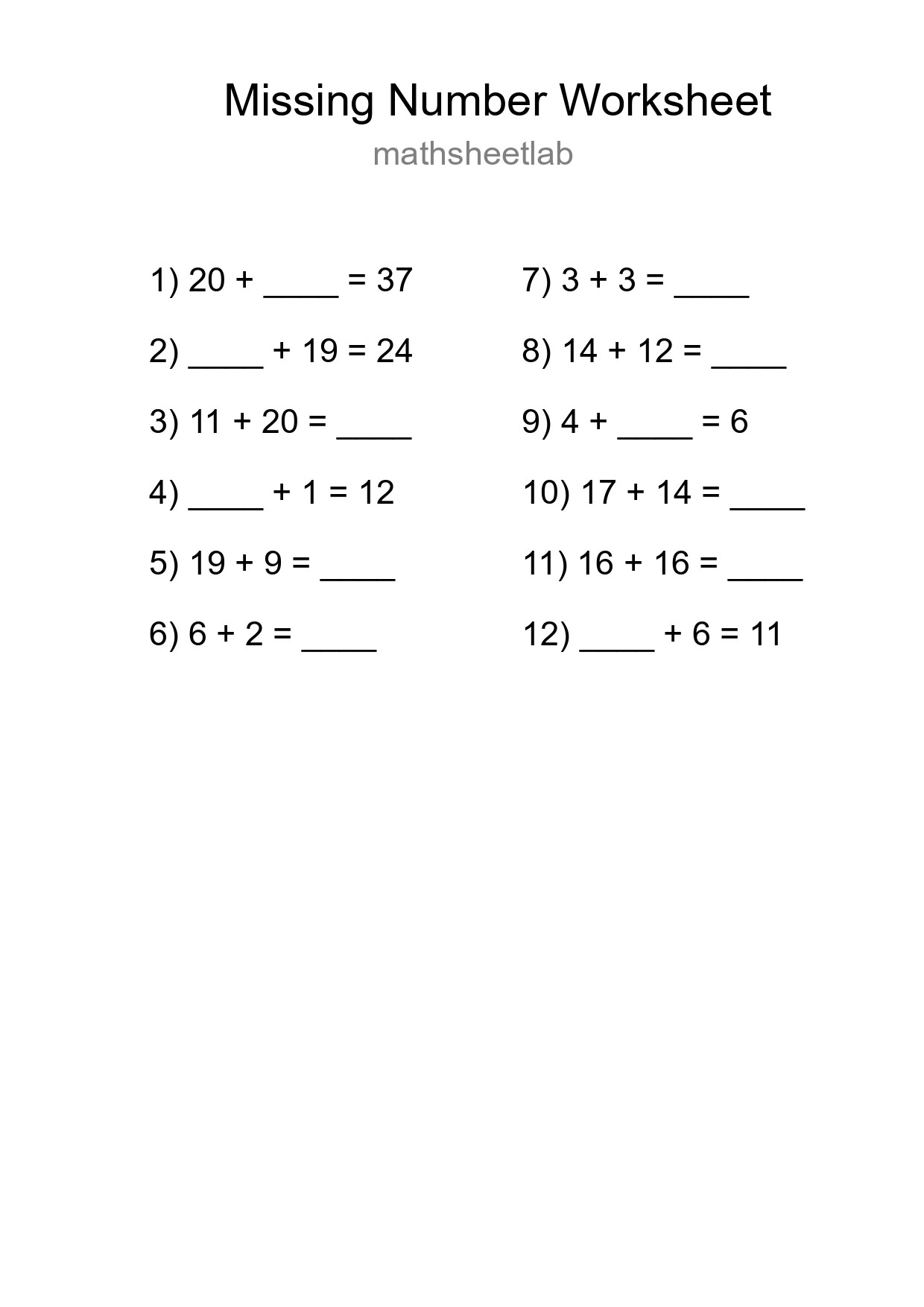Missing Number Math Worksheet