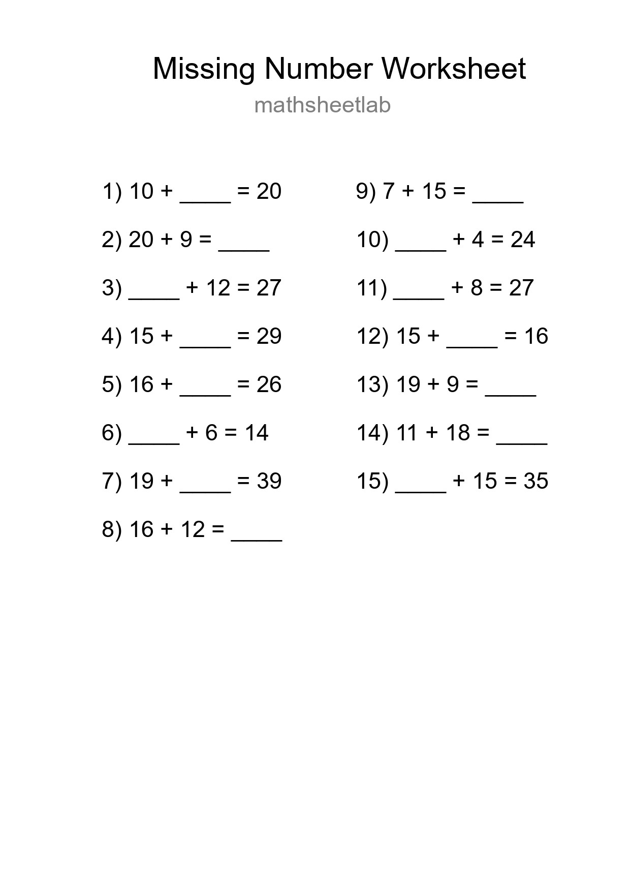 Missing Number Math Worksheet