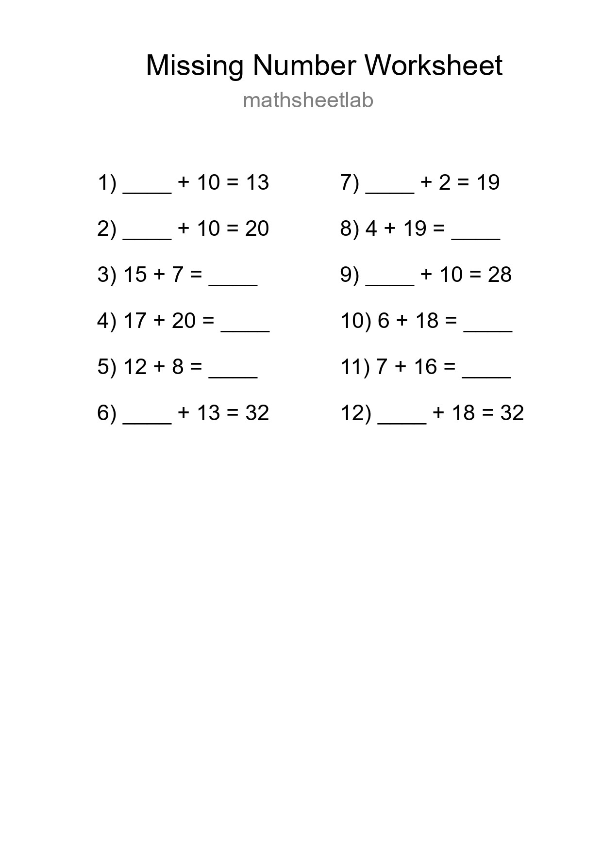 Missing Number Math Worksheet