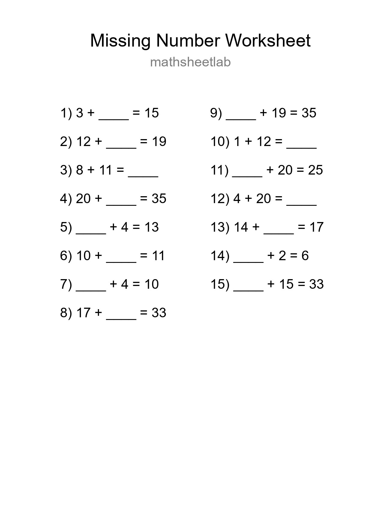 Missing Number Math Worksheet
