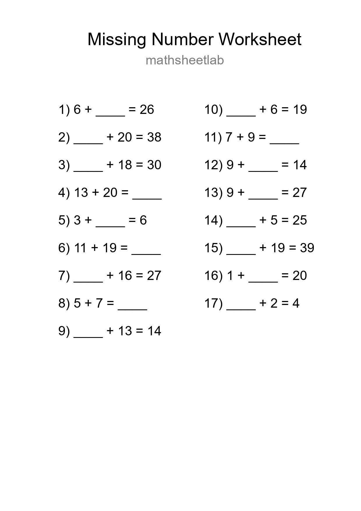 Missing Number Math Worksheet