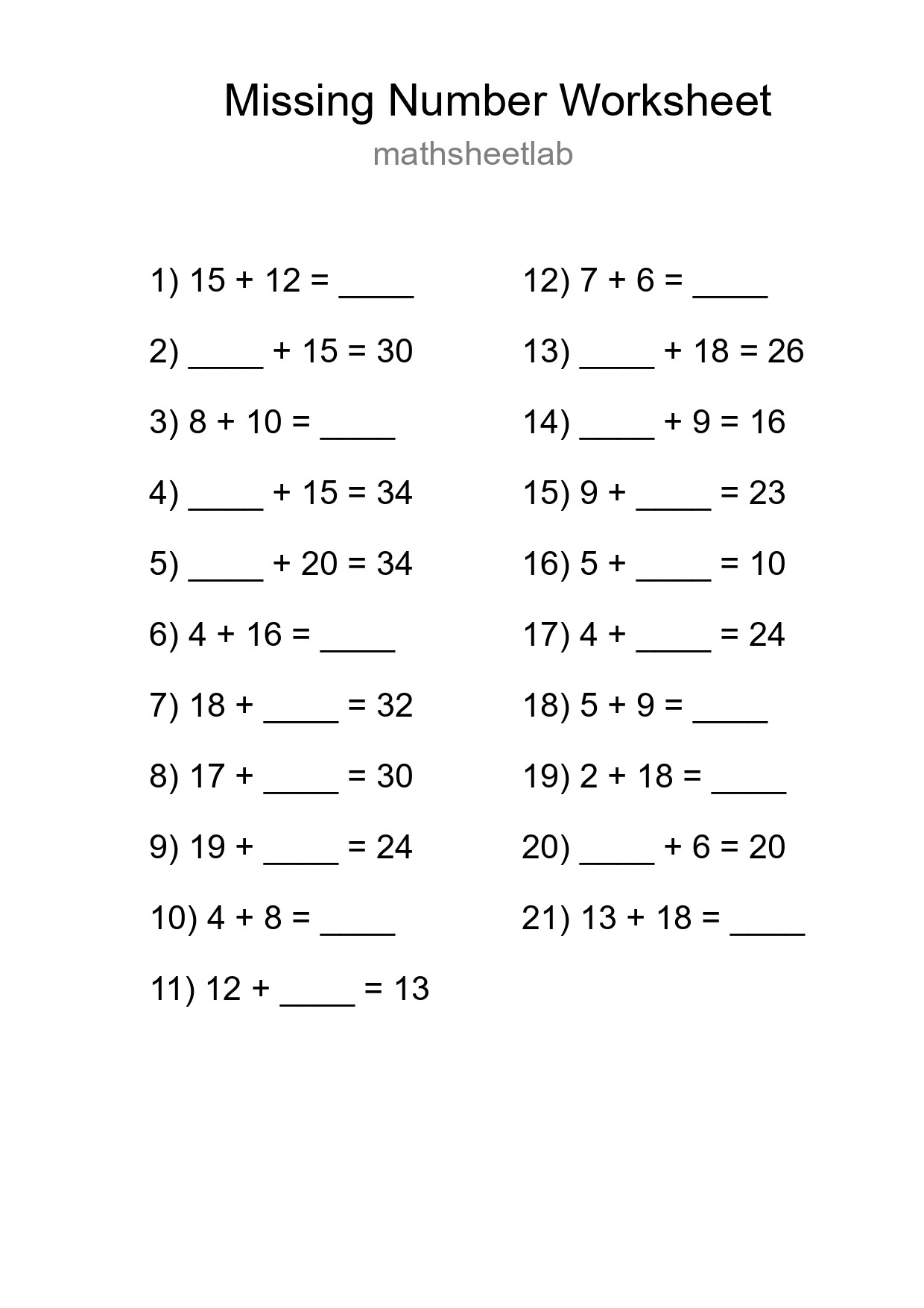 Missing Number Math Worksheet