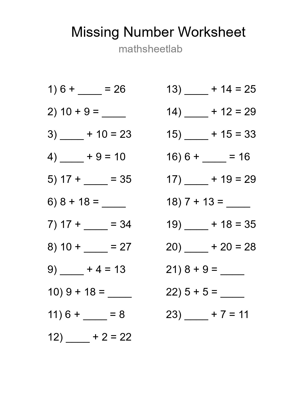 Missing Number Math Worksheet