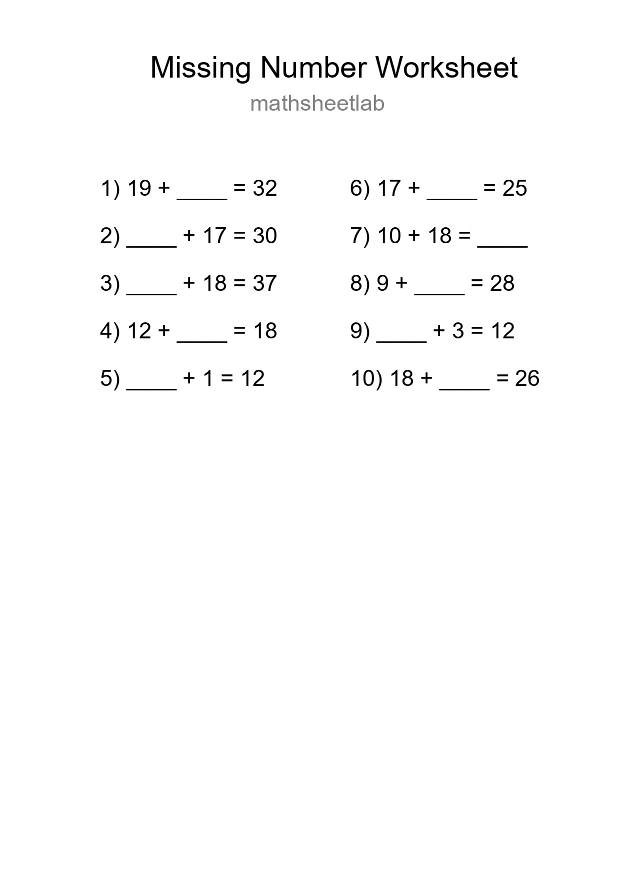 Missing Number Math Worksheet
