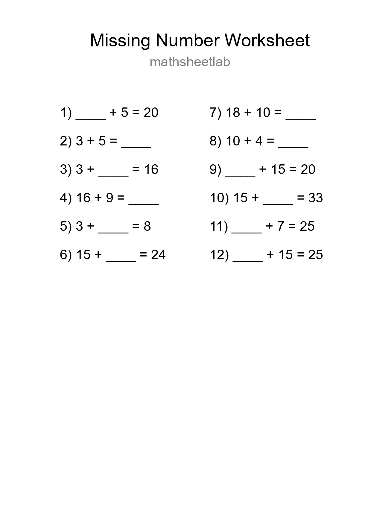 Missing Number Math Worksheet