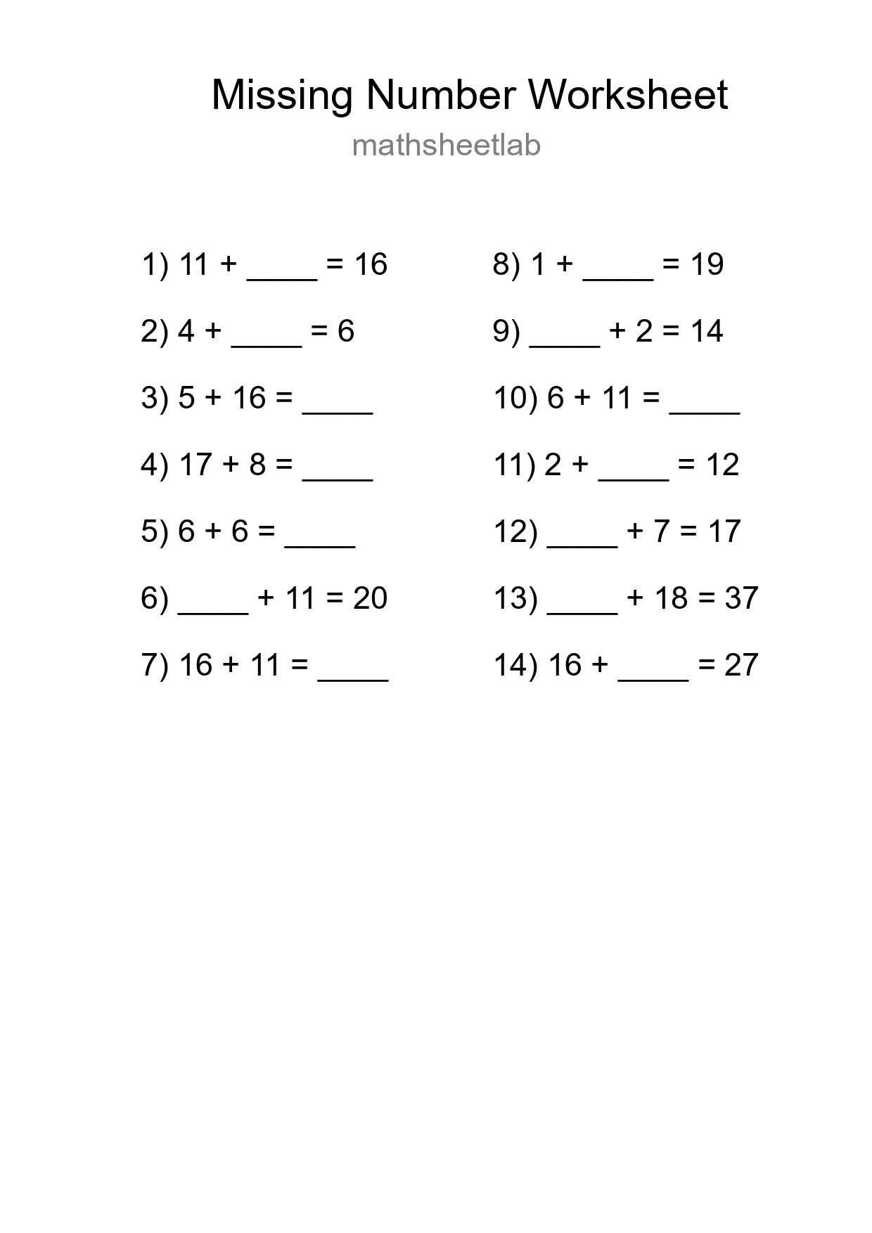 Missing Number Math Worksheet