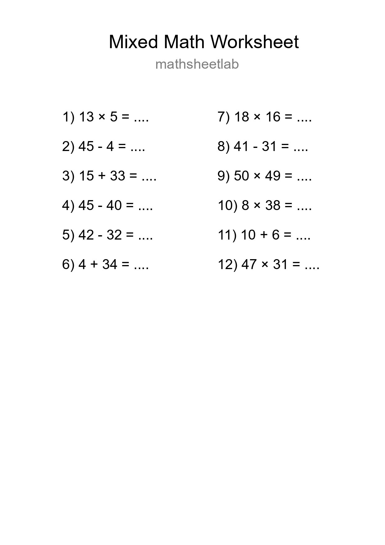 Mixed Operations Math Worksheet
