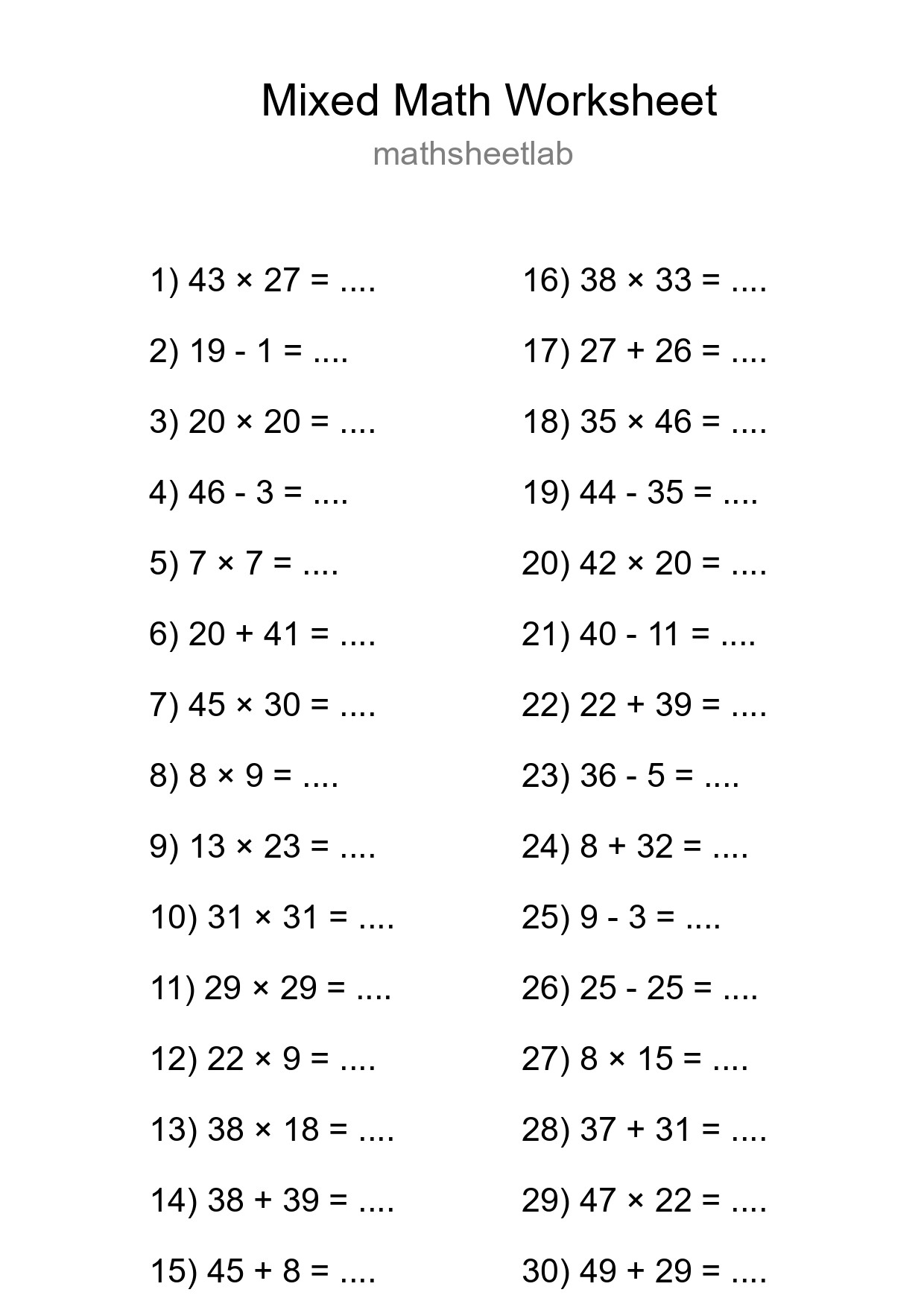 Mixed Operations Math Worksheet