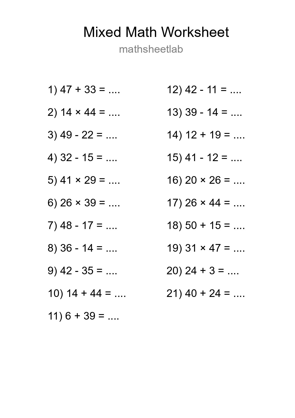 Mixed Operations Math Worksheet