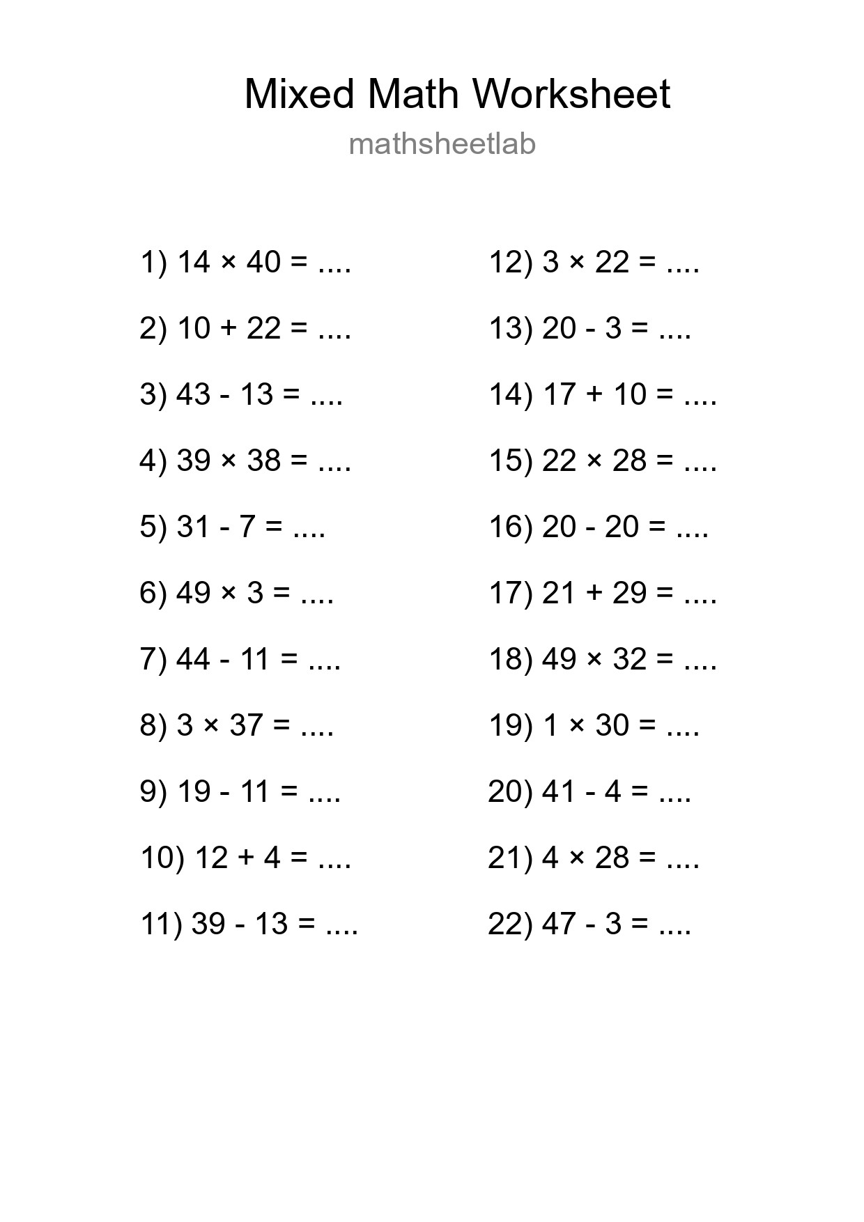 Mixed Operations Math Worksheet