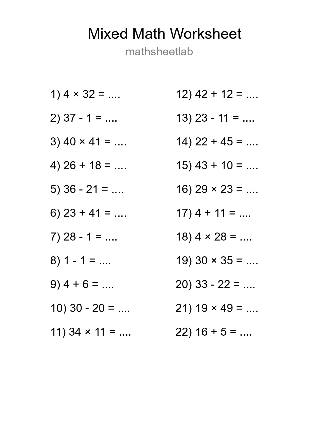 Mixed Operations Math Worksheet