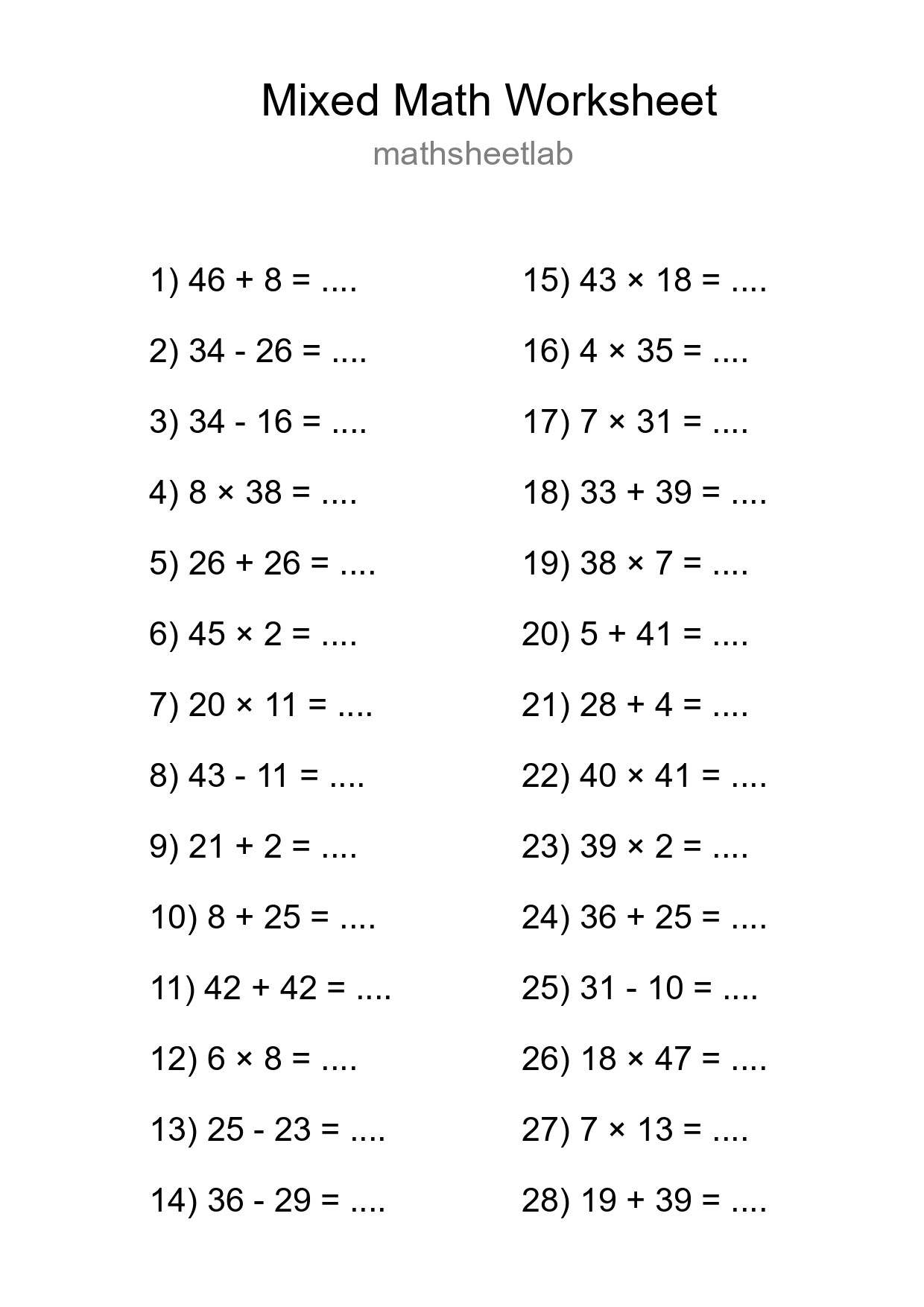 Mixed Operations Math Worksheet