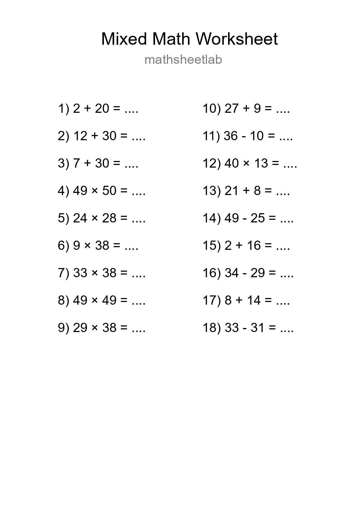 Mixed Operations Math Worksheet