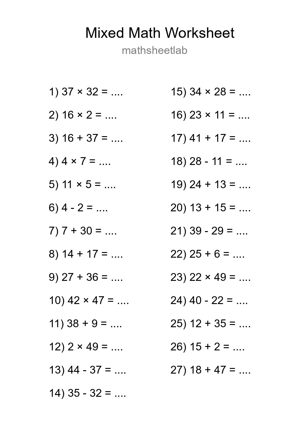 Mixed Operations Math Worksheet