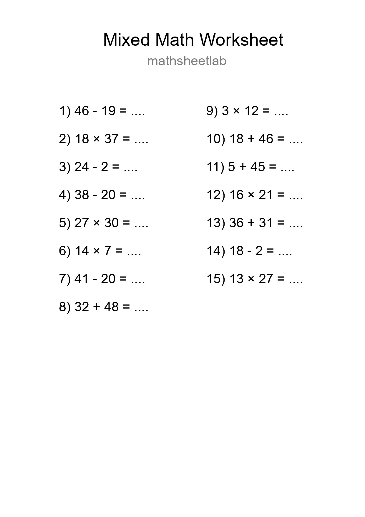 Mixed Operations Math Worksheet