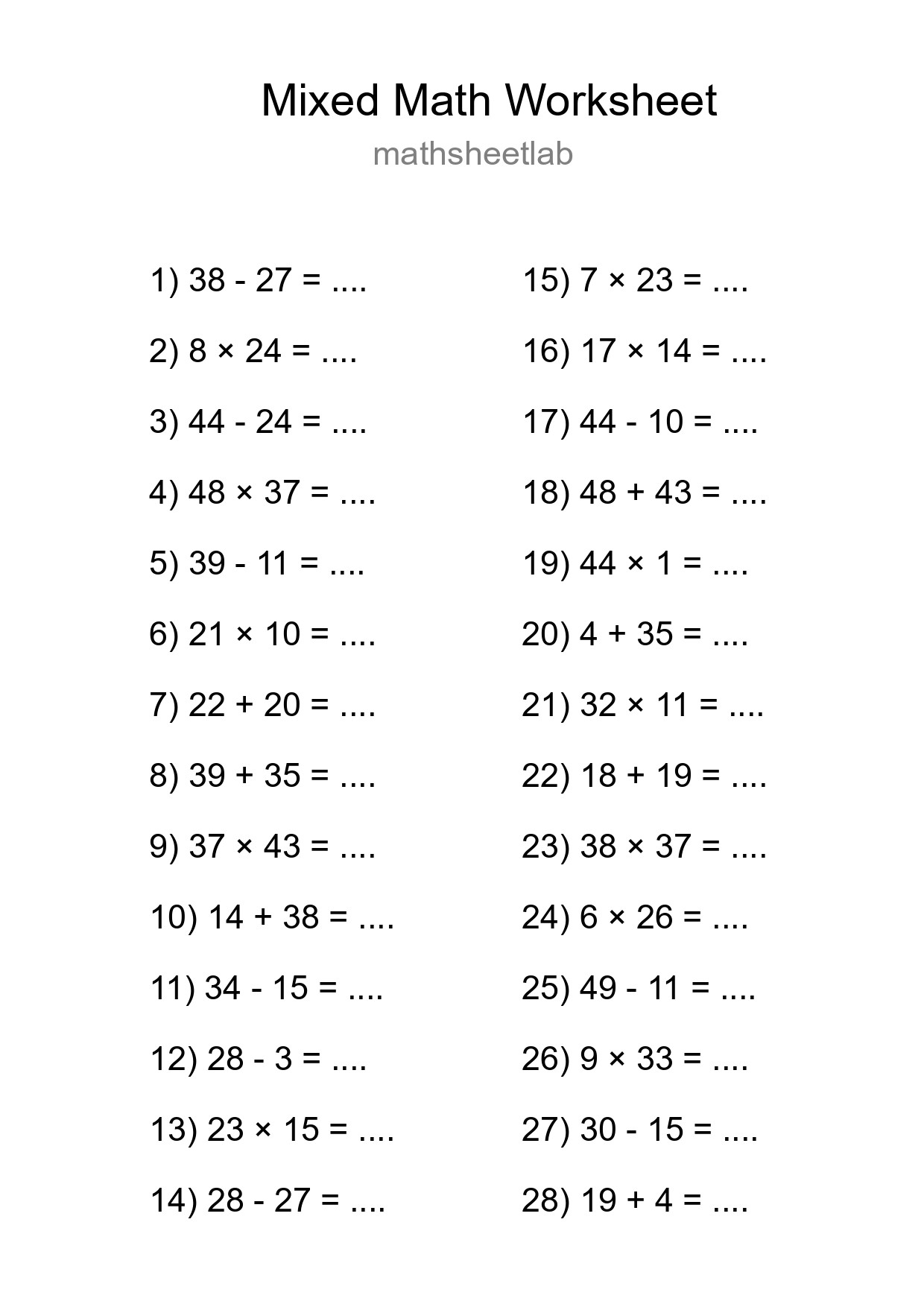 Mixed Operations Math Worksheet