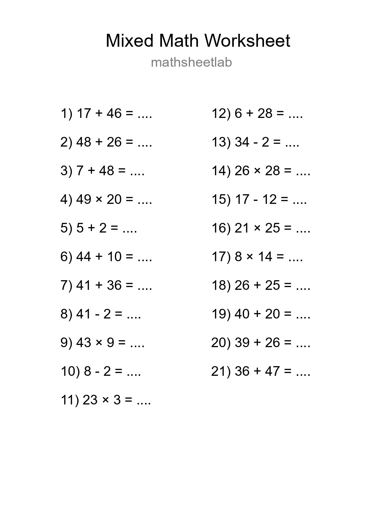 Mixed Operations Math Worksheet