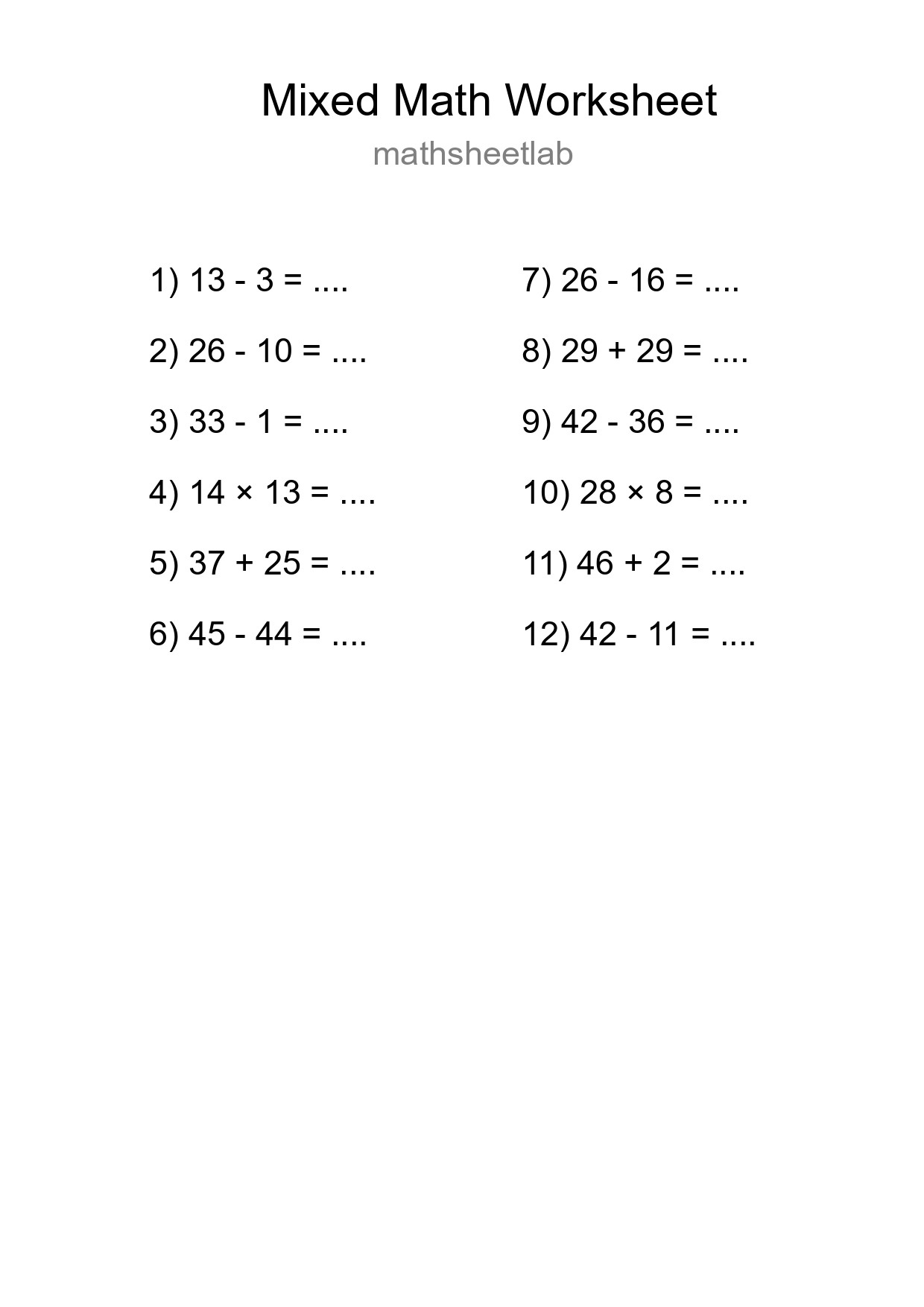 Mixed Operations Math Worksheet
