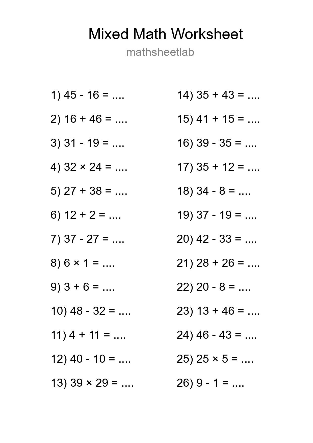 Mixed Operations Math Worksheet
