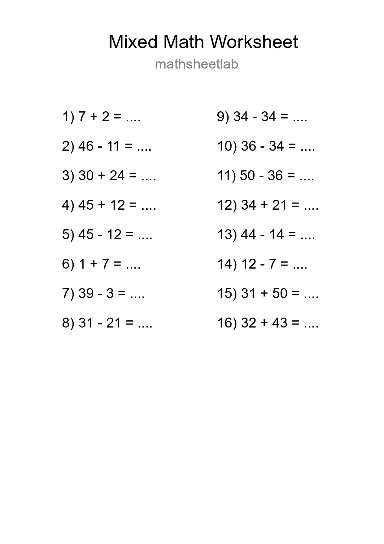 Mixed Operations Math Worksheet