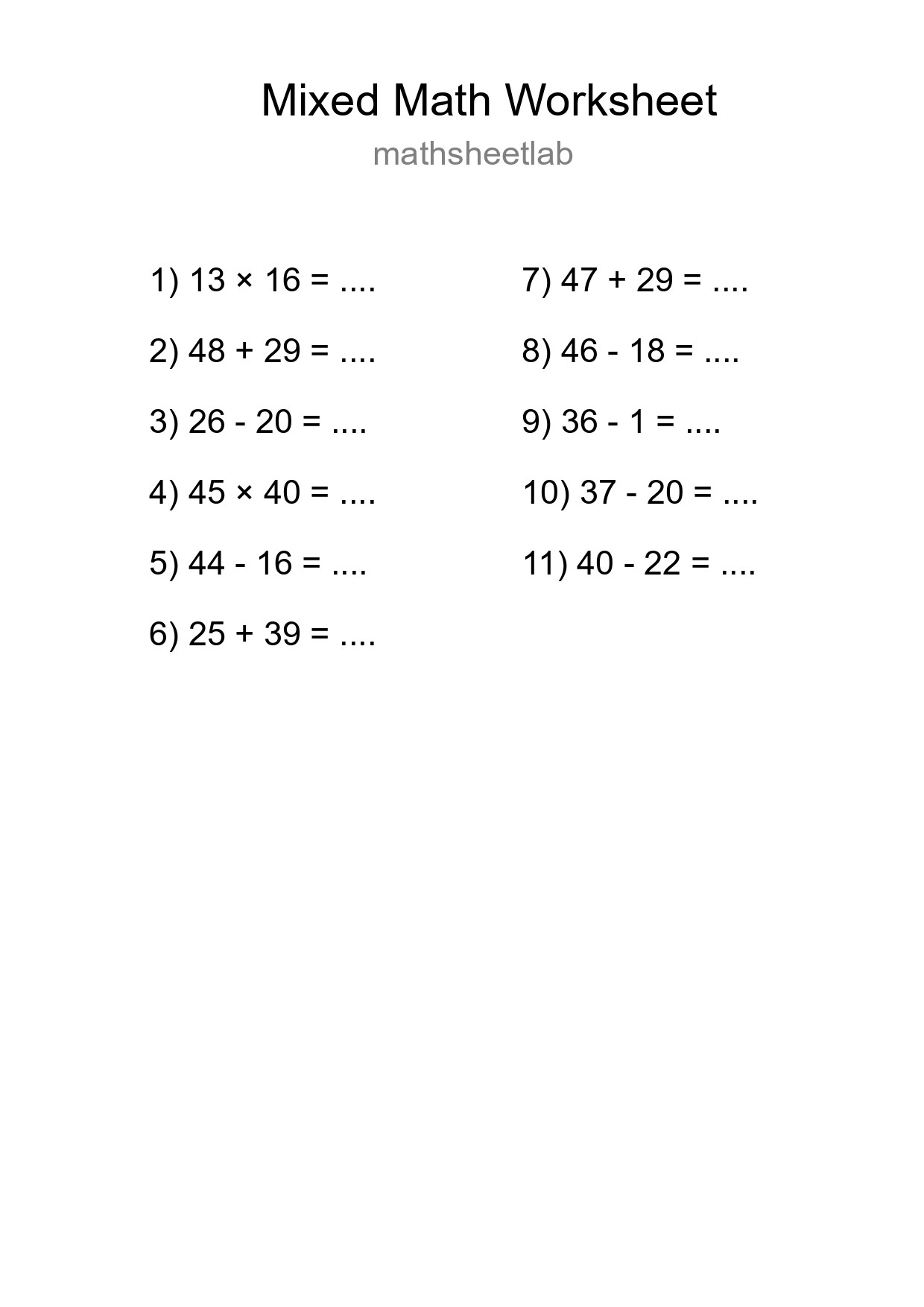 Mixed Operations Math Worksheet